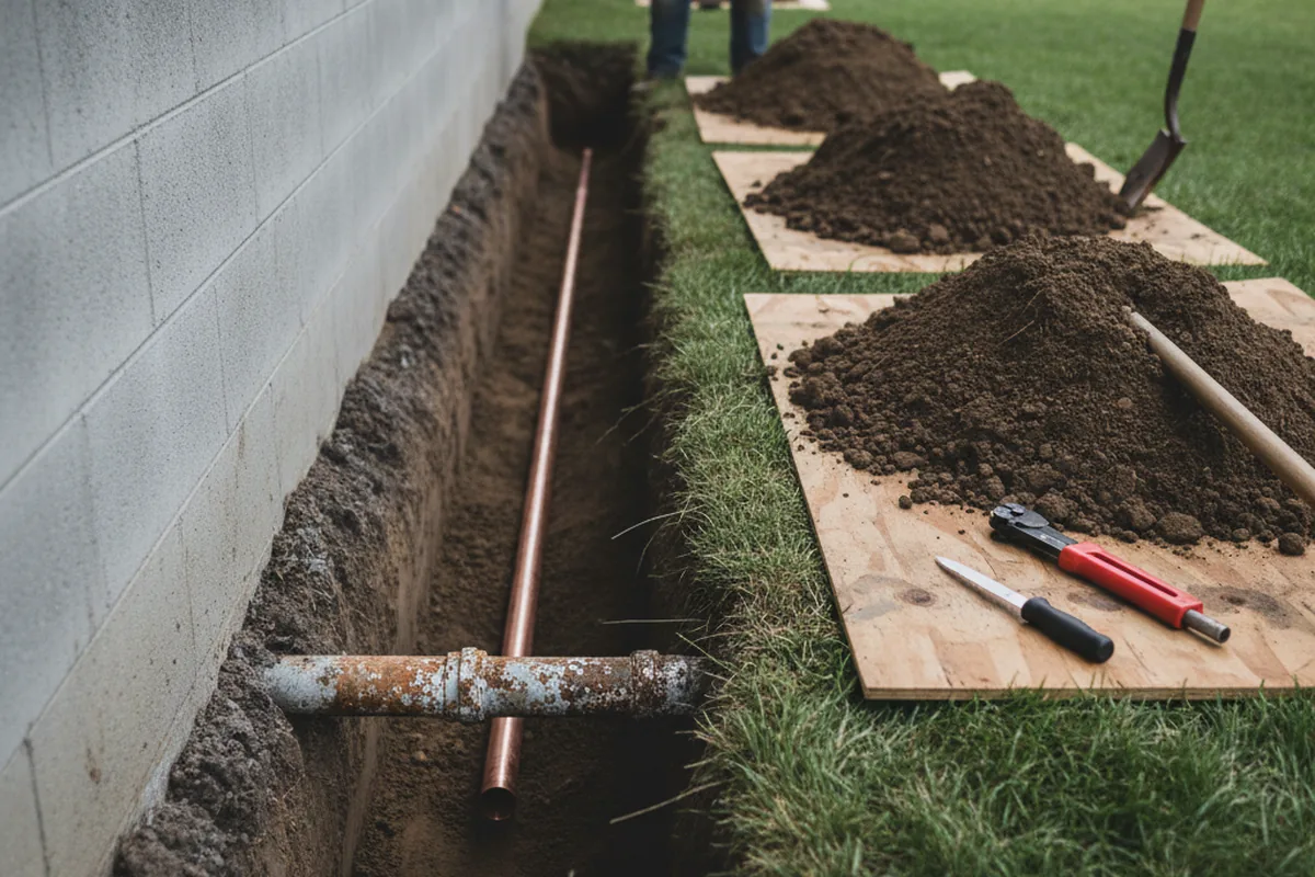 Excavated water line trench during Sewer Line Repair in Centreville